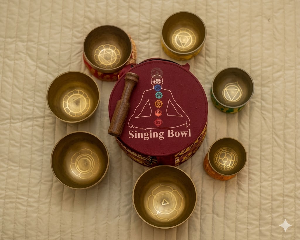 Full set of seven chakra bowls in a travel bag